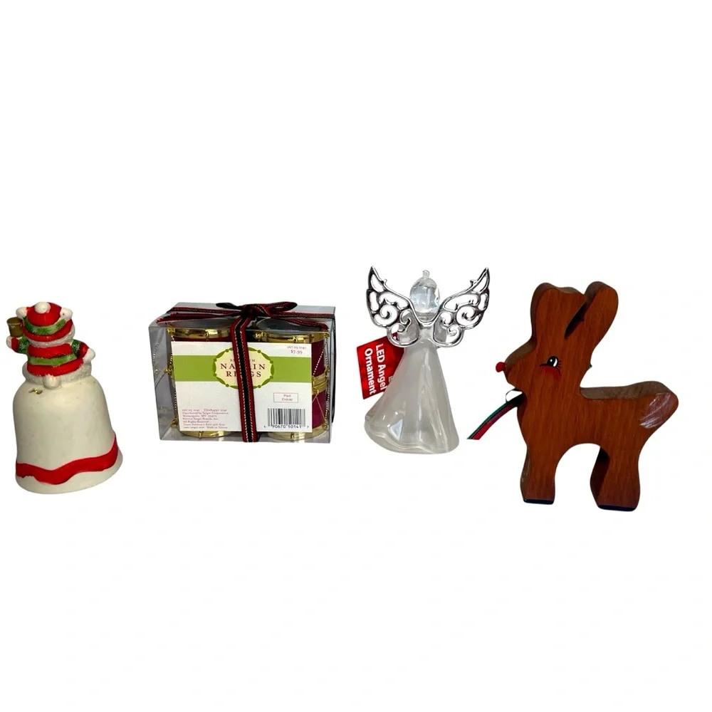 Festive Red/Green/White/Gold Napkin Rings, Bear Bell, White Angel & Wood Rudolph